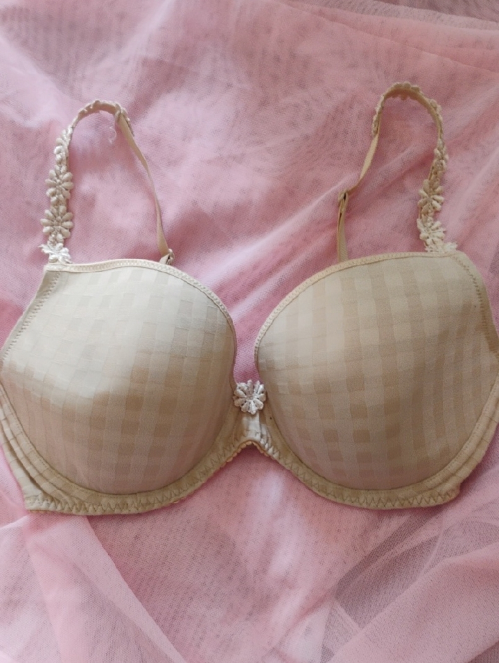 Marie Jo Plush Check Molded T-Shirt Bra with Floral Straps - Cream Size 32DD/32F